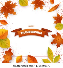 Thanksgiving card. Happy Thanksgiving Day celebrations greeting card design with hanging maple leaves.