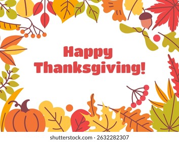 Thanksgiving card. Happy Thanksgiving Day, thanks giving celebration greeting banner with colorful orange autumn leaves, pumpkin and berries. Vector fall background.