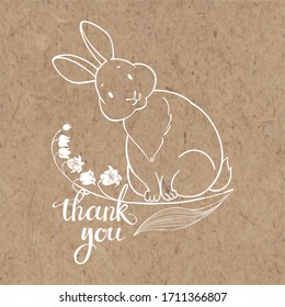 Thanksgiving card with lily of the valley, cute bunny and lettering on kraft paper . Vector illustration on white.