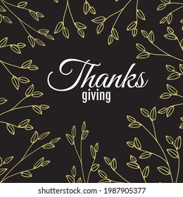 Thanksgiving card with line leaf pattern in golden color. - Vector.