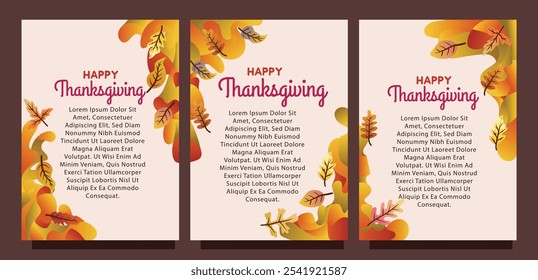 Thanksgiving Card with Liquid Background and Colorful Autumn Leaves. print size set of thansgiving card template concept. liquid abstract background with autumn leaves vector illustration