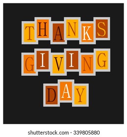 Thanksgiving card or menu template in vintage colors with hand made text greeting and cute owl. Happy Thanksgiving Day logo template. colorful cards on black background