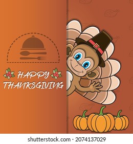 Thanksgiving card with Monkey Character Design. Happy Thanksgiving. Perfect For greeting card, Poster or Flyer Celebration Design. Vector illustration.