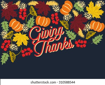 Thanksgiving card with nature elements on dark blue background. The bottom of the card is empty. To use as a thanksgiving greeting card or invitation card. Vector and illustration design. 