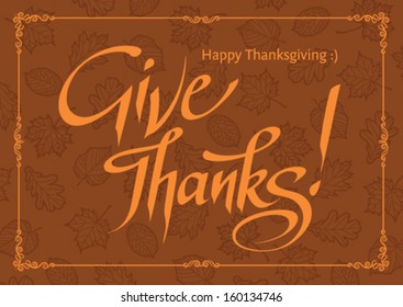 thanksgiving card on brown background with pattern of leaves