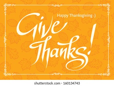 Thanksgiving Card On Yellow Background With Pattern Of Leaves