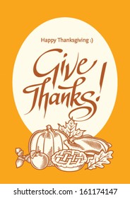 thanksgiving card with phrase give thanks and set of pumpkin, apple, turkey, acorn, pie and leaves