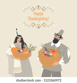 Thanksgiving card with pilgrim and native american characters holding baskets with vegetables. Cute characters in a flat style in historical costumes.