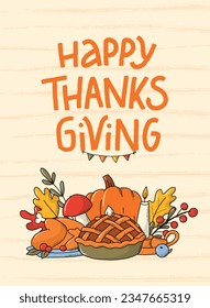 Thanksgiving card, poster, print, banner, invitation design decorated with lettering quote and doodles on striped background. Autumn, harvest theme. EPS 10