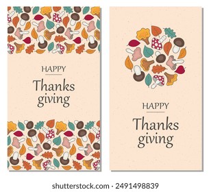 Thanksgiving card and poster, set of autumn backgrounds and flyers with mushrooms and leaves.