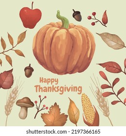 thanksgiving card with pumpkin and autumn leaves