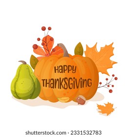 thanksgiving card. pumpkin, autumn leaves, berries. Vector