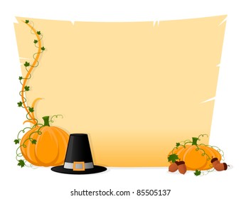 Thanksgiving Card with Pumpkins, Pilgrim Hat and Acorns. 
