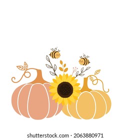 Thanksgiving card with pumpkins, sunflower and bee cartoons on white background vector illustration.