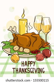 Thanksgiving card with roasted turkey bird, vegetables, wine and candle
