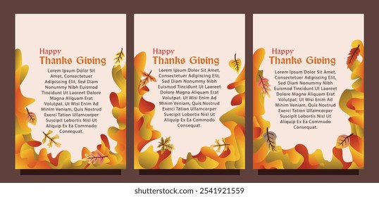 Thanksgiving Card Set with Abstract Liquid Art and Autumn Leaves. print size set of thansgiving card template concept. liquid abstract background with autumn leaves vector illustration