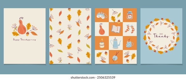 Thanksgiving card set. Autumn artistic templates for greeting cards, posters, stories. Modern fall holiday backgrounds. Flat design hand drawn vector illustrations.