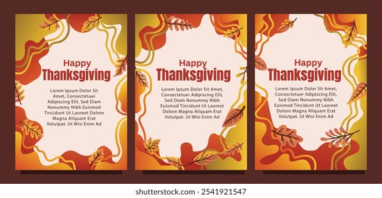 Thanksgiving Card Set with Fluid Art Background and Fall Leaves. print size set of thansgiving card template concept. liquid abstract background with autumn leaves vector illustration