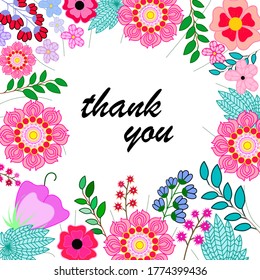 Thanksgiving card, with sketch of  flowers frame. Vector illustration with text Thank you and flowers. 