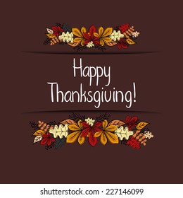 Thanksgiving card template with autumn leaves and hand written text. vector