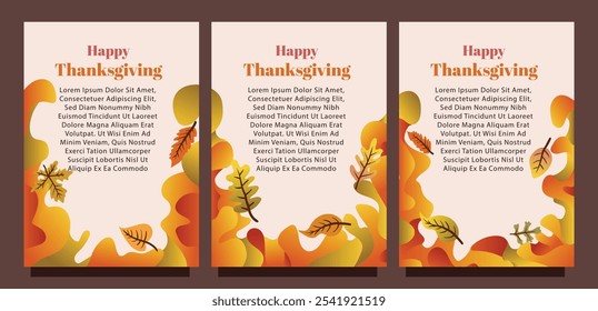 Thanksgiving Card Template with Autumn Leaves on Liquid Background. print size set of thansgiving card template concept. liquid abstract background with autumn leaves vector illustration