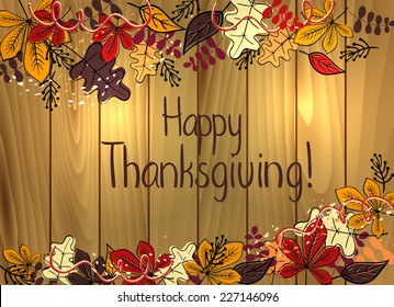 Thanksgiving card template with hand written text on wooden texture, vector