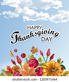 Thanksgiving card, template, text, banner. Template for holiday greeting card and invitation. Vector illustration.