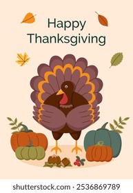 Dankeschön. Türkischer Vogel mit Kürbissen. Thanksgiving-Poster.