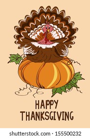 Thanksgiving card with turkey bird sitting on the pumpkin