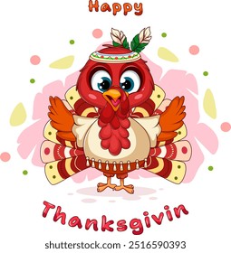 Thanksgiving Card. Turkey Dressed as a Native American with Feather