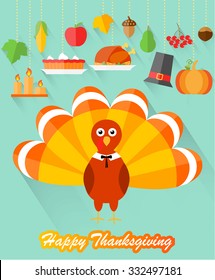 Thanksgiving card with turkey and hanging thanksgiving icons set, vector illustration