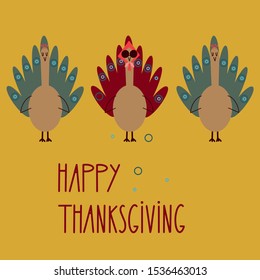 Thanksgiving card with turkey and peacocks. Funny illustration - Vector