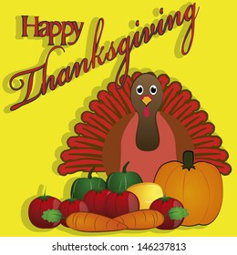 thanksgiving card with turkey, vegetables, pumpkin and text, yellow background.