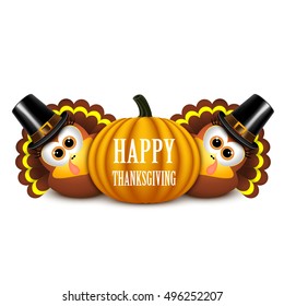 Thanksgiving card with turkeys in pilgrim hat and pumpkin.