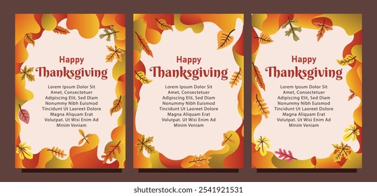 Thanksgiving Card with Vibrant Autumn Leaves and Abstract Liquid Art. print size set of thansgiving card template concept. liquid abstract background with autumn leaves vector illustration