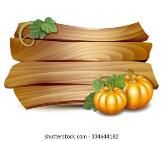 Thanksgiving card with wooden banner and pumpkins with leaves. Poster or brochure for Thanksgiving party. Vector illustration.