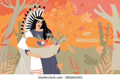 Thanksgiving card with young native american woman holding basket of vegetables and fruits and autumn forest. Illustration in flat style