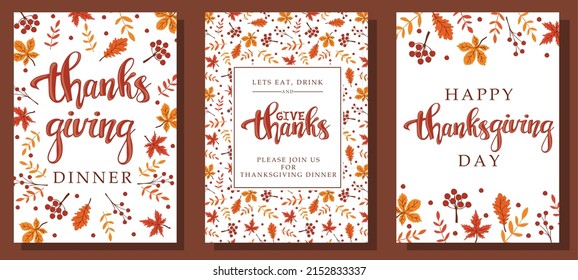 Thanksgiving cards with autumn leaves. Set of abstract creative universal artistic templates. Good for poster, invitation, cover, banner, placard and brochure. Vector illustration.
