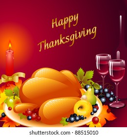 Thanksgiving Cards. Background With Turkey, The Composition Of Fruit And A Glass Of Wine With A Candle With A Bow On A Ruby Background With The Words Happy Thanksgiving