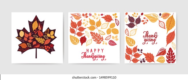 Thanksgiving cards collection. Autumn leaves cards set isolated on white background. Vector Thanksgiving day invitation and greeting card, flyer, banner, poster templates. Hand drawn symbols, cute 