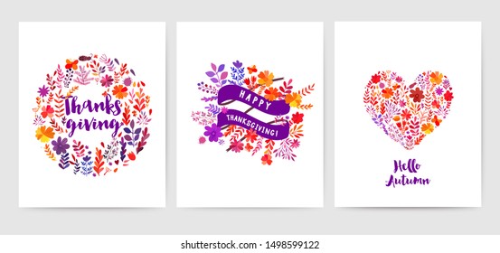 Thanksgiving cards collection. Autumn leaves cards set. Leaves and flowers, vector illustration. Good for social media, promotional materials, ads, email marketing.