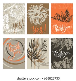 Thanksgiving cards of different colors with drawings of field grasses for invitations and flyers. Vector drawing