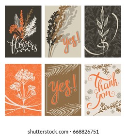 Thanksgiving cards of different colors with drawings of field grasses. Vector illustration