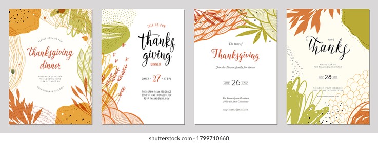 Thanksgiving cards. Set of abstract creative universal artistic templates. Good for poster, invitation, cover, banner, placard and brochure. Vector illustration.