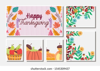 thanksgiving cards set food and foliage leaves season vector illustration