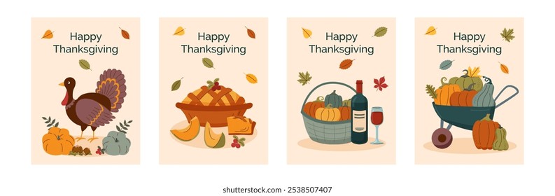 Thanksgiving cards set. Thanksgiving posters. Concept of harvest.