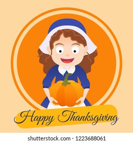 Thanksgiving cartoon card, vector illustration of girl with pumpkin