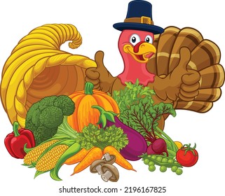 Thanksgiving Cartoon Illustration Of A Turkey Bird Character And Cornucopia Horn Of Plenty With Vegetables And Fruit Produce