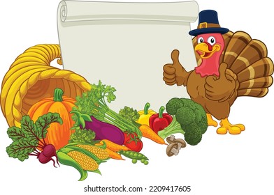 Thanksgiving Cartoon Illustration Of A Turkey Bird Character And Cornucopia Horn Of Plenty And Cartoon Scroll