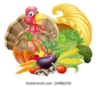 Thanksgiving cartoon turkey bird with cornucopia full of produce